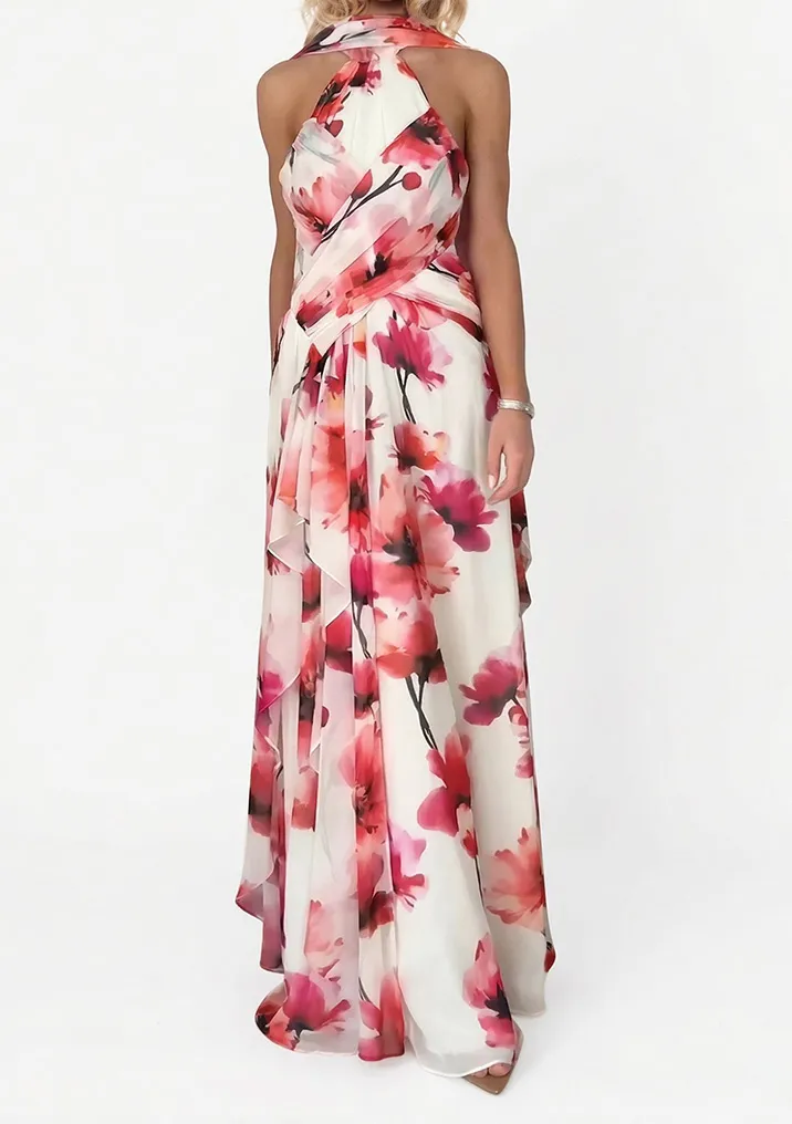 Watercolor Floral Print Backless Maxi Dress