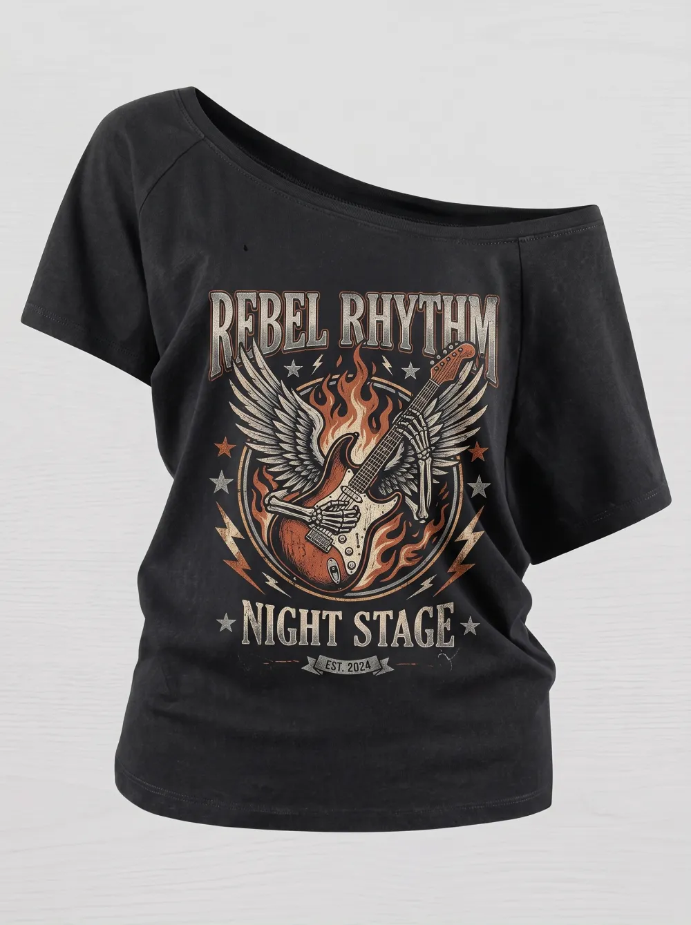 Women's Rock Music Skeleton Guitar Flame Printed Off-Shoulder Top