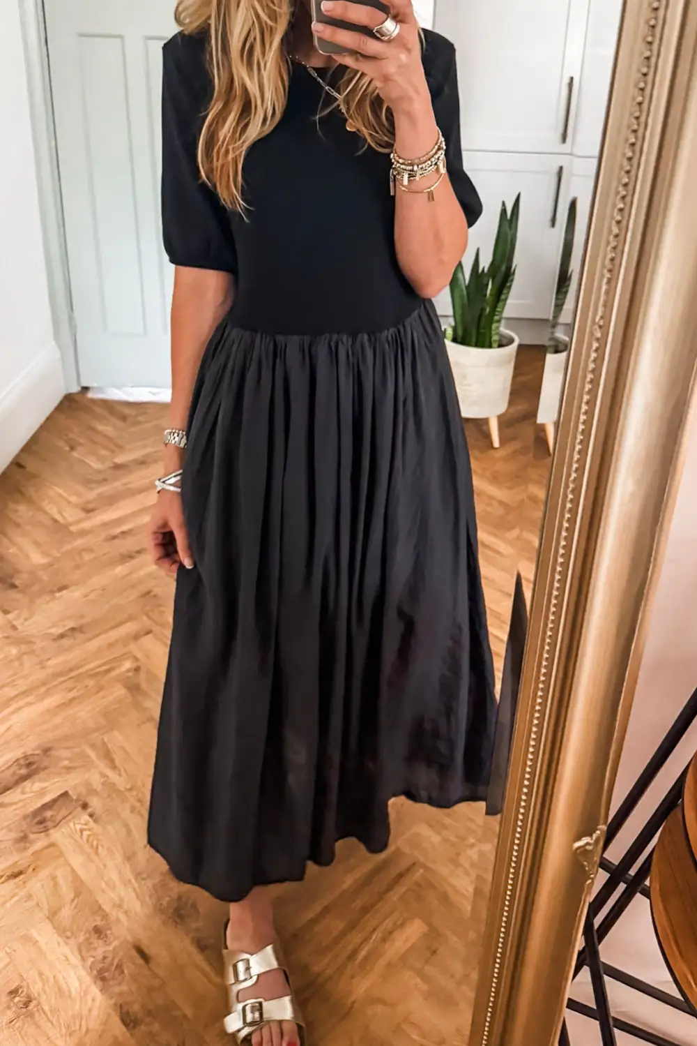 Maxi Short Sleeve Knit Top Patchwork Pleated Long Dress