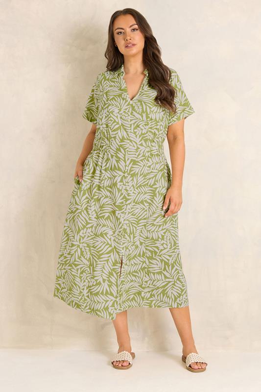 Green Leaf Print Linen Shirred Waist Midi Dress detail 1
