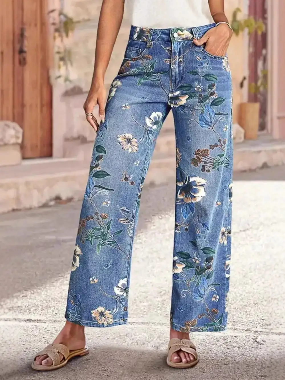 Floral Print Wide Leg Jeans Cropped For Women