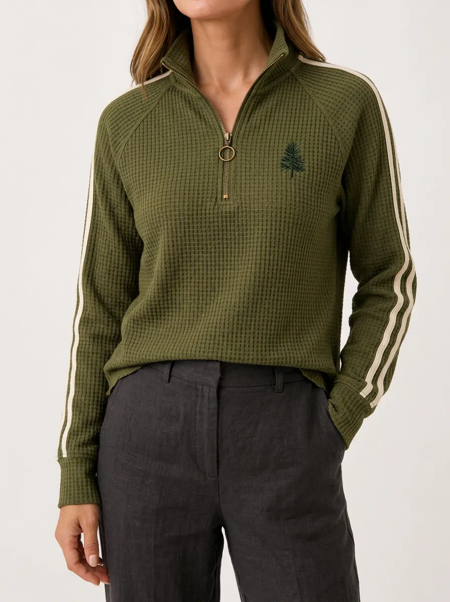 Textured Casual Nature Lover Pine Tree Embroidered Waffle Knit Quarter Zip Top