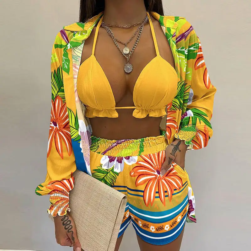 Long Sleeve Shirt Triangle Shorts Swim Bottoms