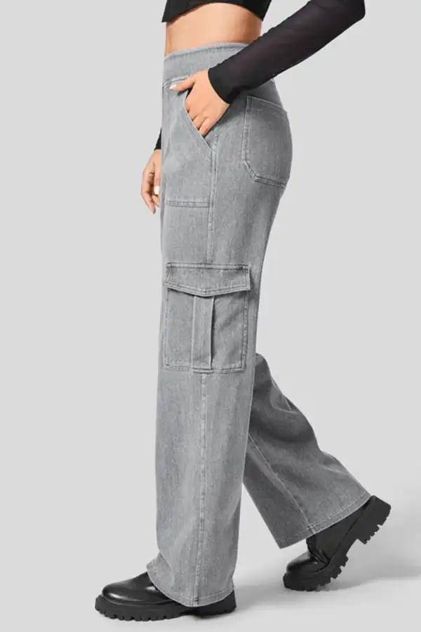 Refined High-Waist Washed Pocketed Stretch Straight Leg Jeans