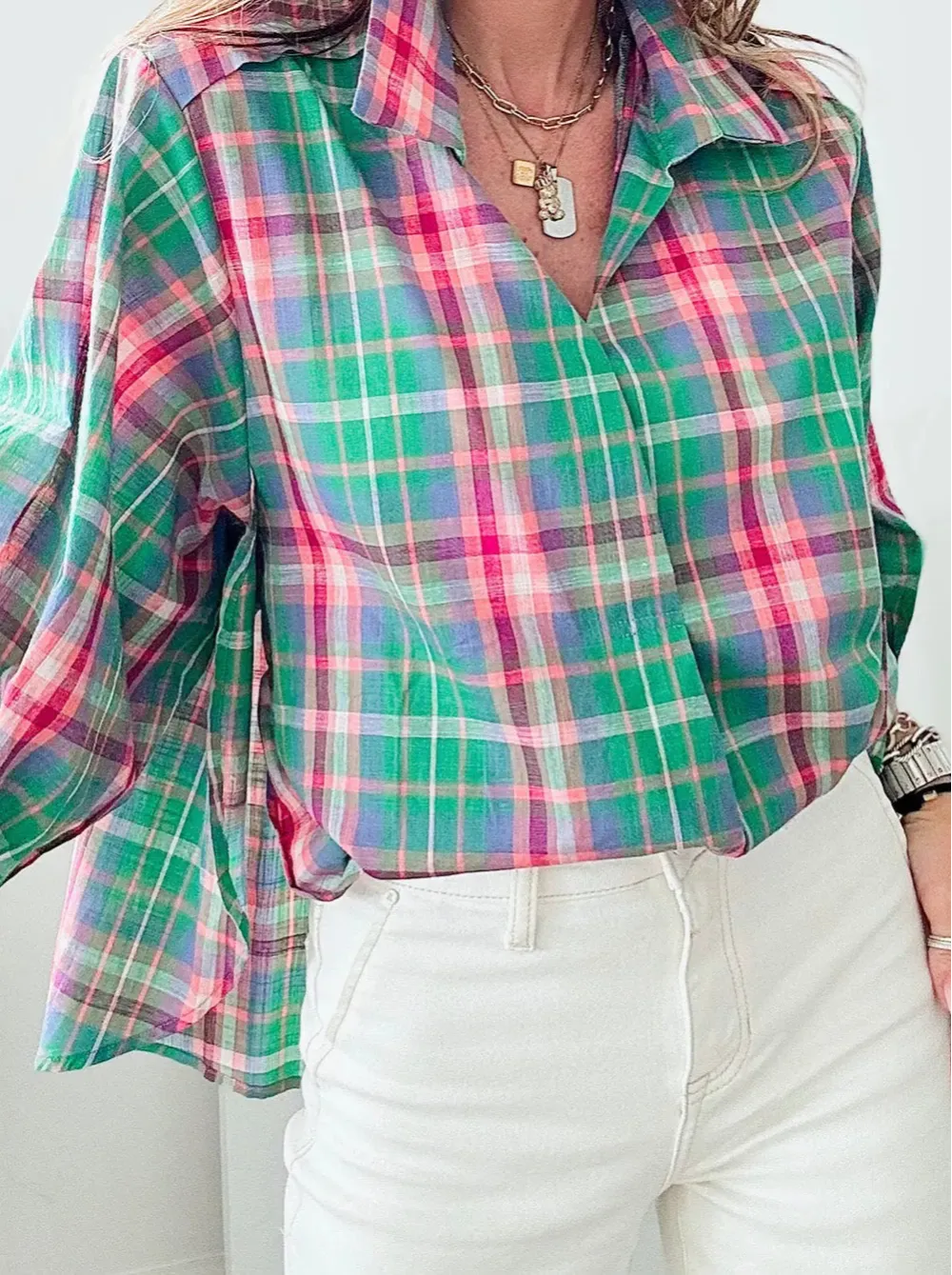 Plaid Collared Relaxed Fit Shirt Blouse