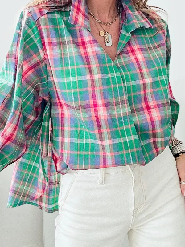 Plaid Collared Relaxed Fit Shirt Blouse