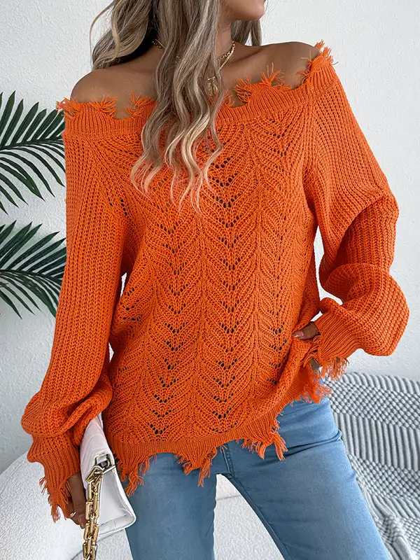 Ribbed Openwork Sheer Detail Off Shoulder Long Sleeve Sweater