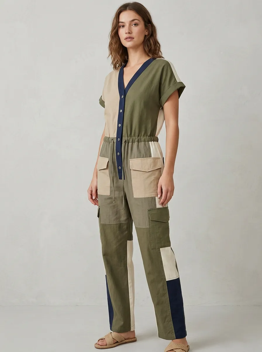 Women's Utility Patchwork Colorblock Button-Front Jumpsuit