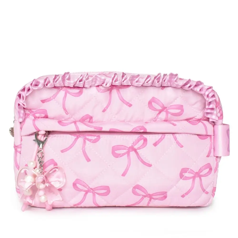 Bow Charm Quilted Cosmetic Pouch