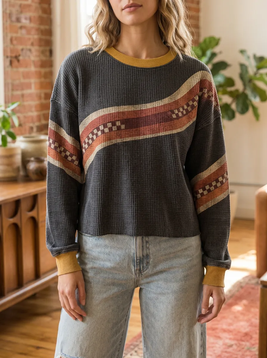 Women's Boho Striped Checkerboard Waffle Knit Crewneck Sweatshirt