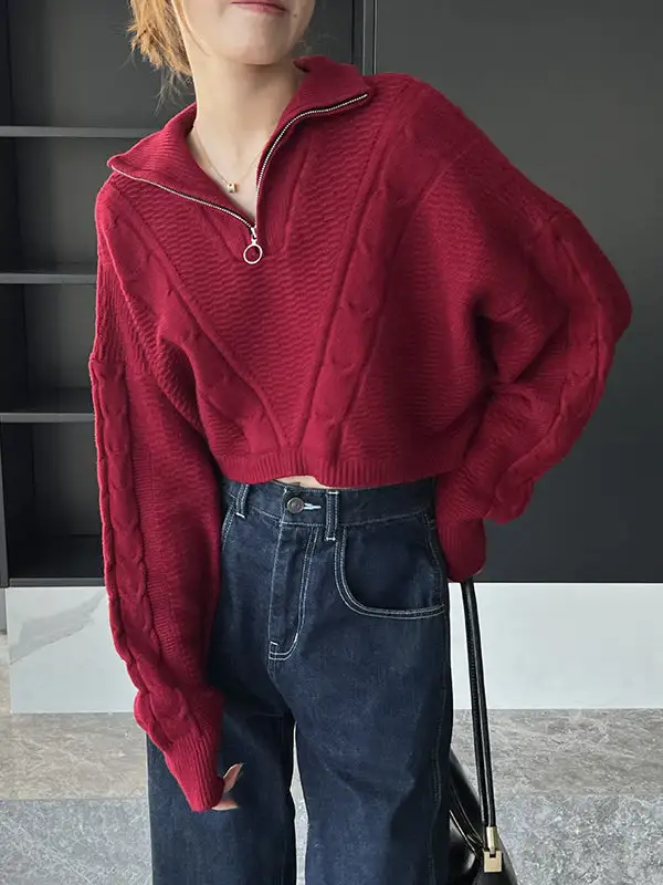 Women's Jacquard Lapel-Collar Sweater
