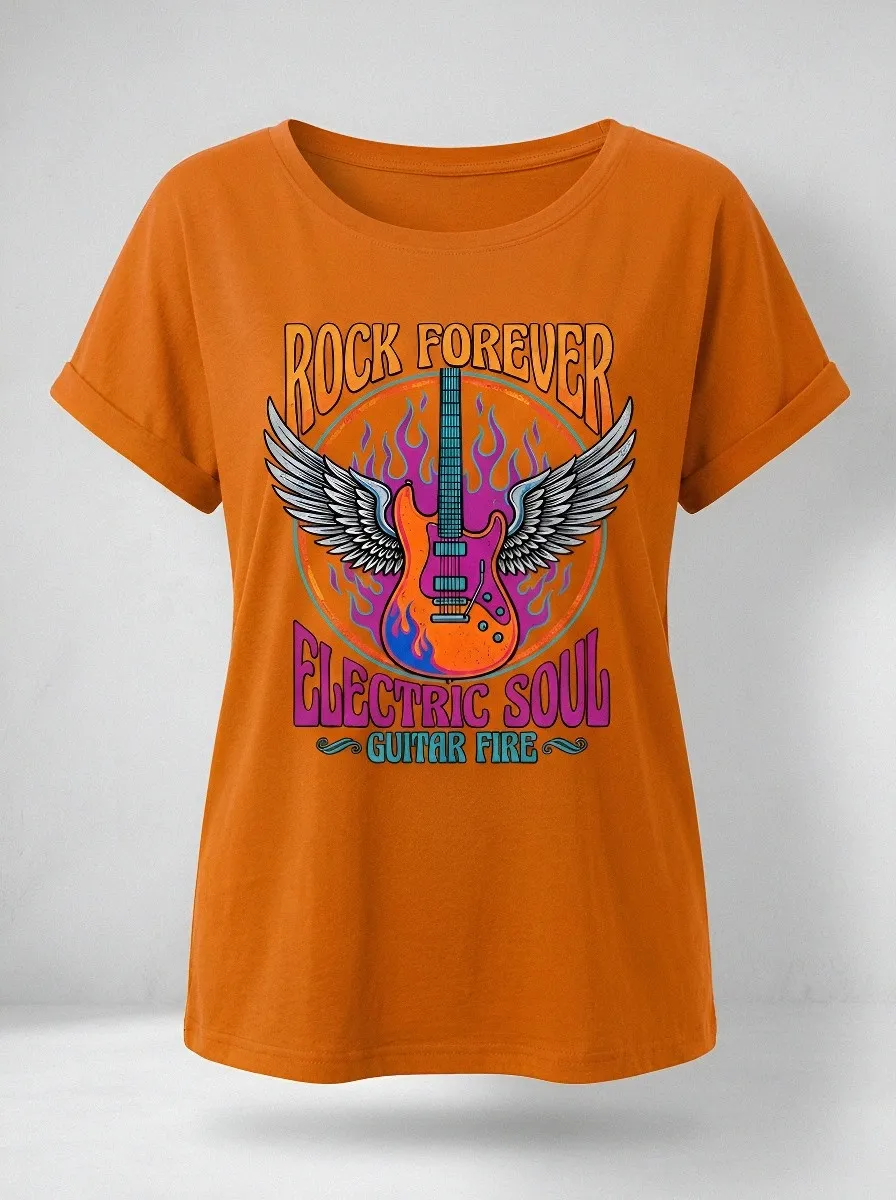 Women's Rock Music Lover Winged Electric Guitar Flame Printed T-shirt