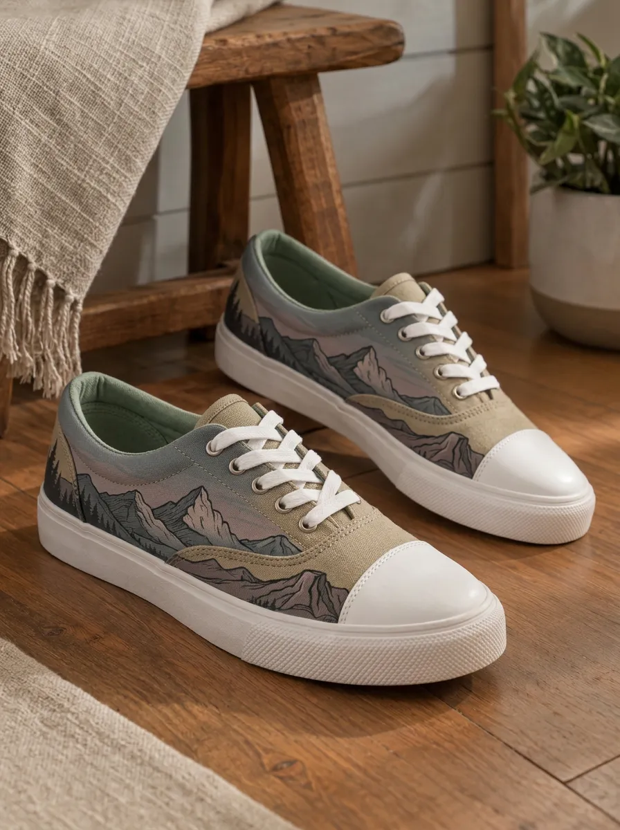 Men's Refined Nature Lover Mountain Landscape Patterned Canvas Shoes