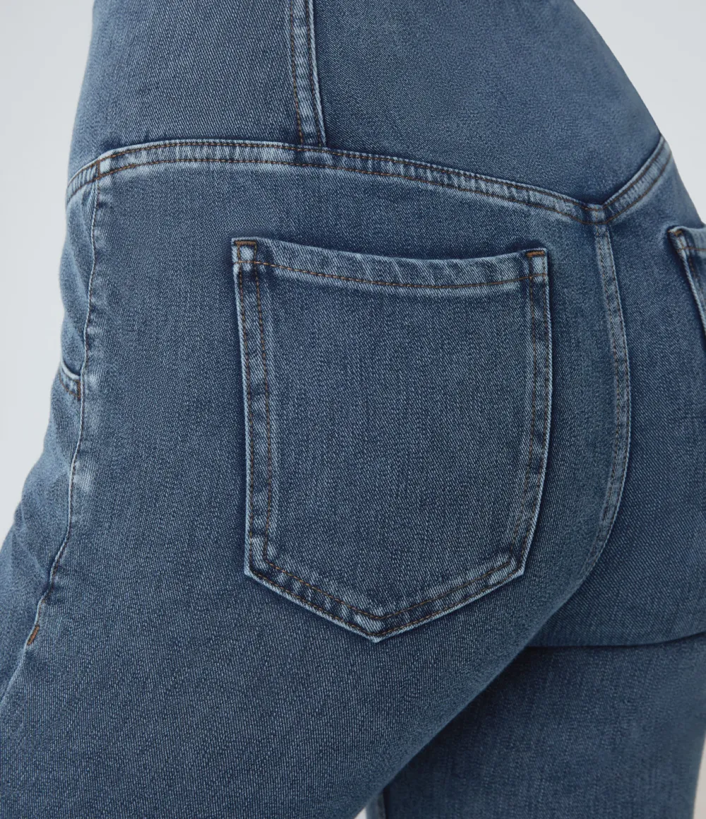 Magic High Waisted Crossover Pocket Cool Touch Washed Stretchy Knit Casual Super Flare Jeans