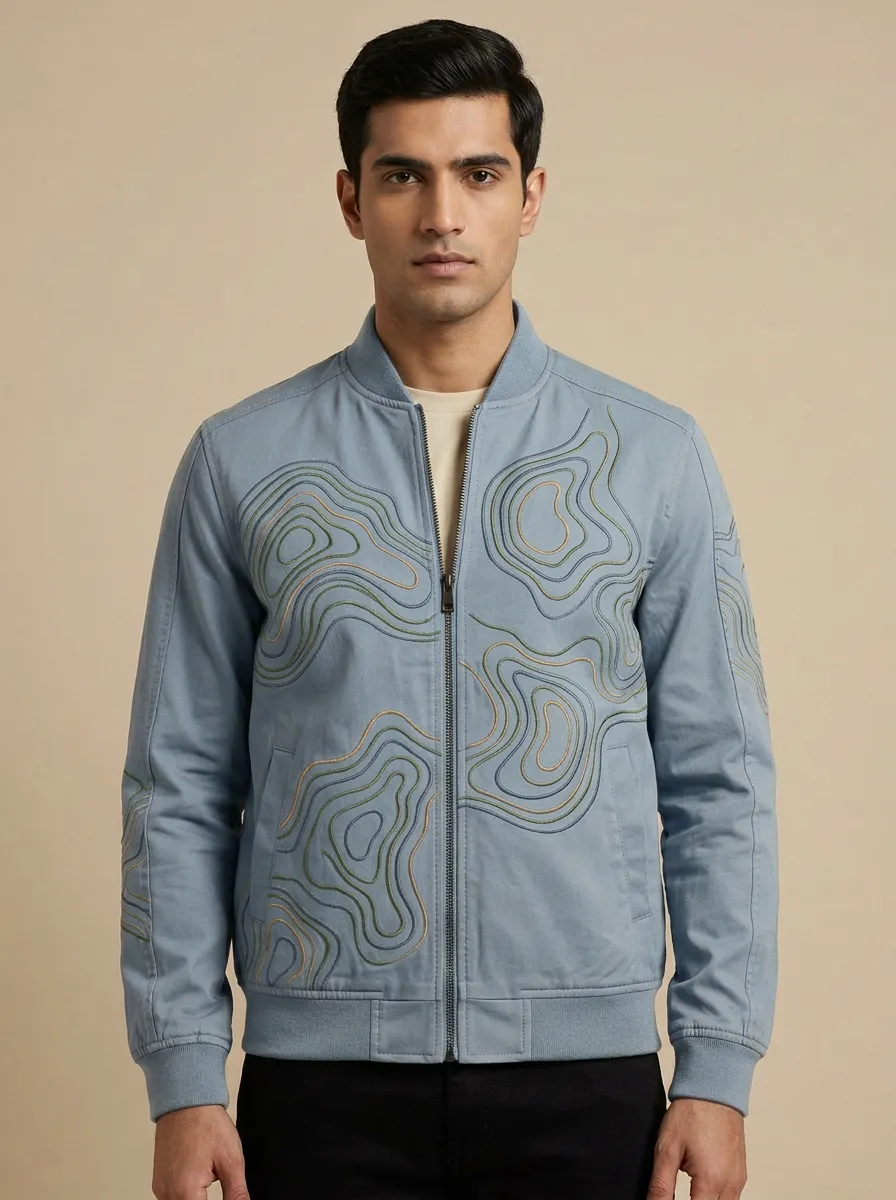 Topographic Print Cuffed Sleeves Bomber Jacket