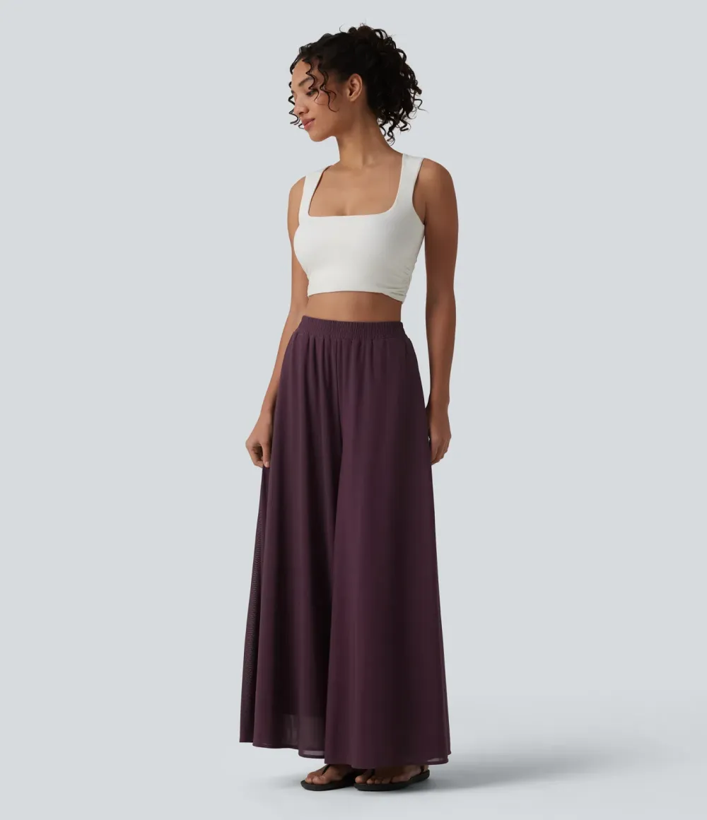 High Waisted Pocket Mesh Overlay Wide Leg Casual Pants