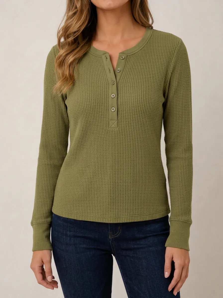 Easygoing Layered Waffle Knit Button Henley Long Sleeve Top