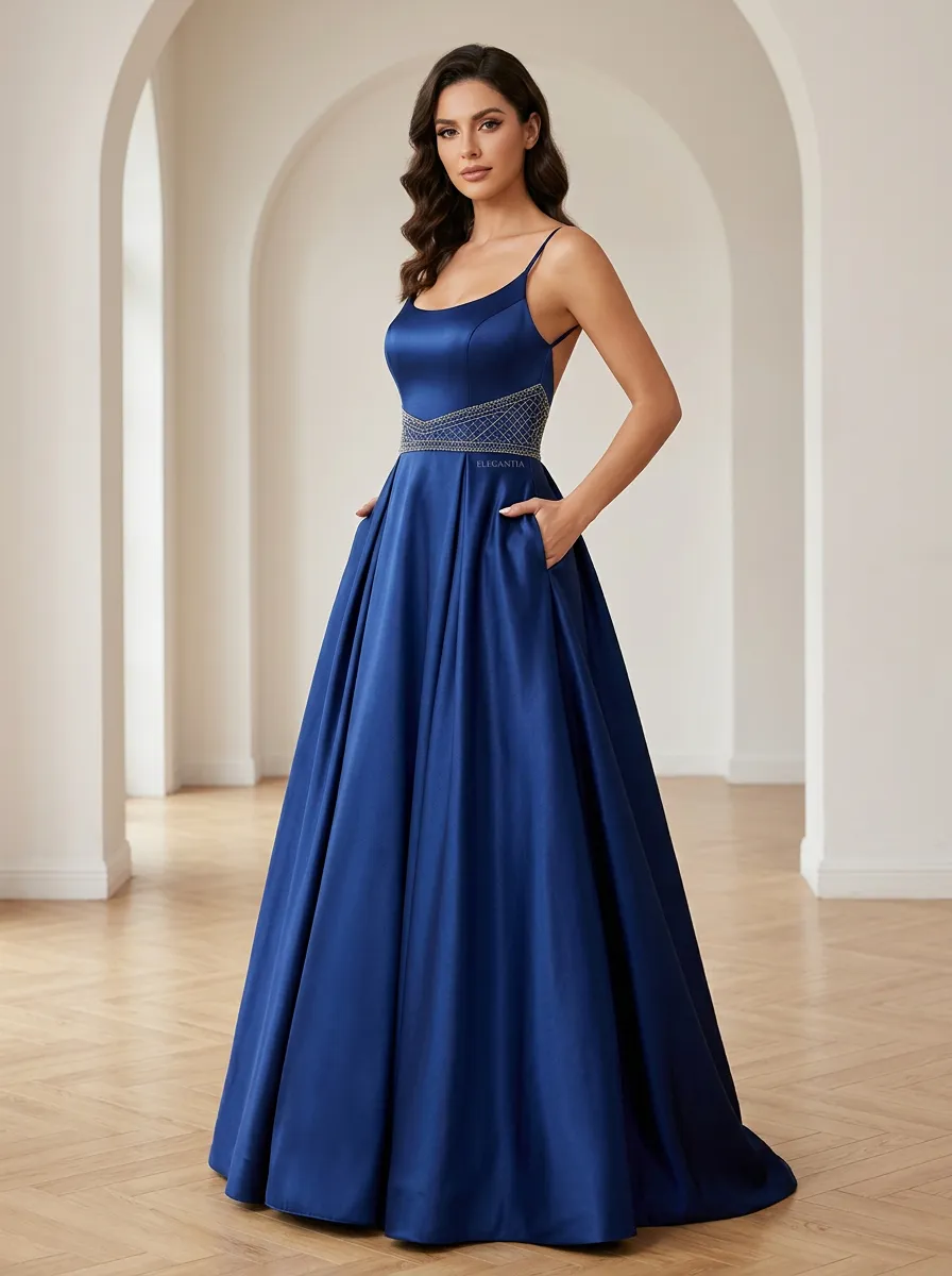 Women's Satin Beaded Waist Backless Evening Gown