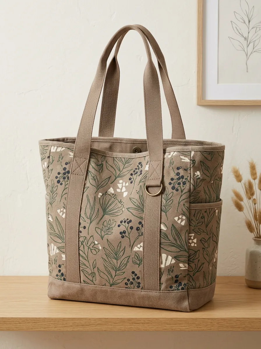 Women's Structured Botanical Leaf Berry Printed Canvas Shoulder Tote Bag