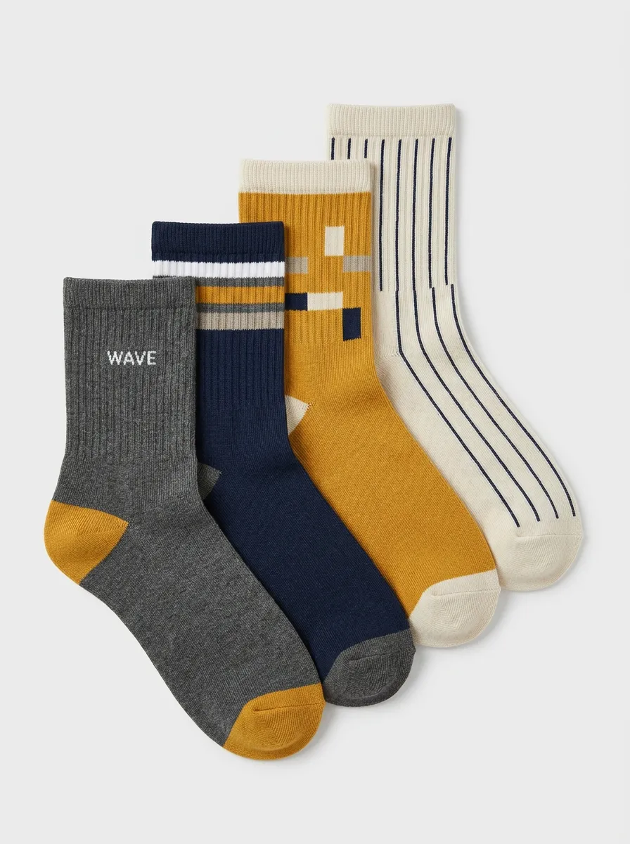 Wave Geometric Striped Men's Four-Pair Long Socks