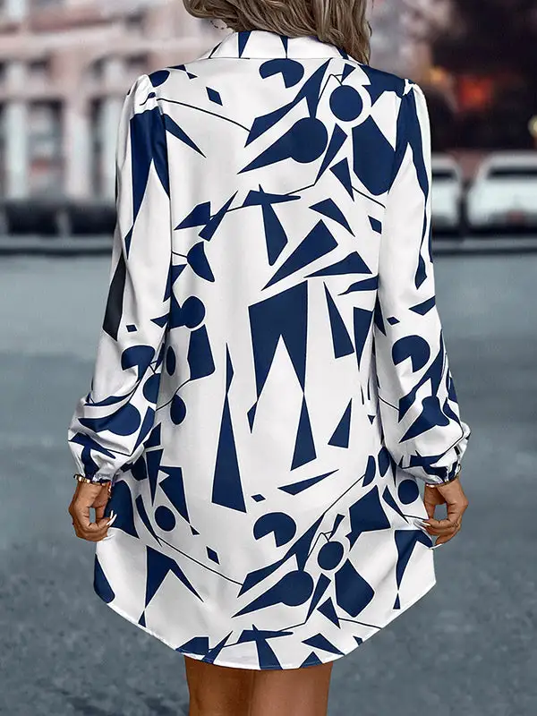 Relaxed Puff Sleeve Printed Split Joint Lapel Mini Dress Shirt Dress