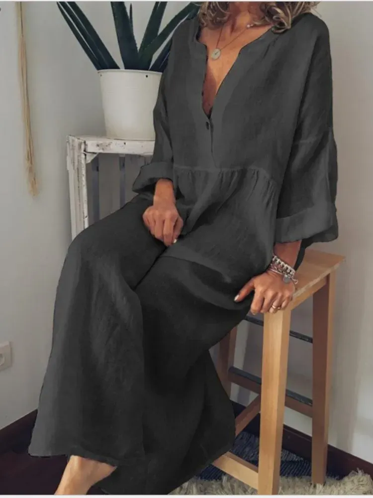Linen Blend Cotton Blend Maxi Layered Look Dress
