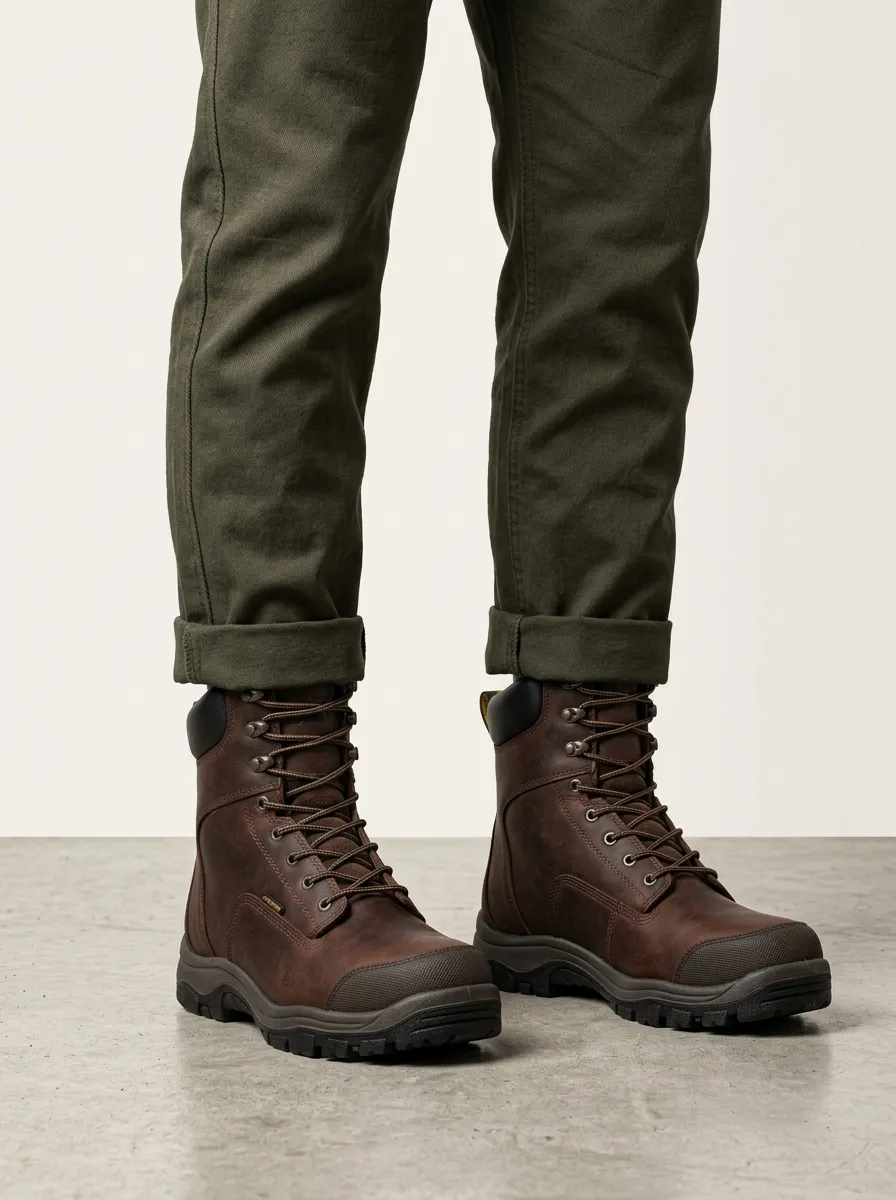 Unisex Brown Leather Waterproof Construction Printed Work Boots