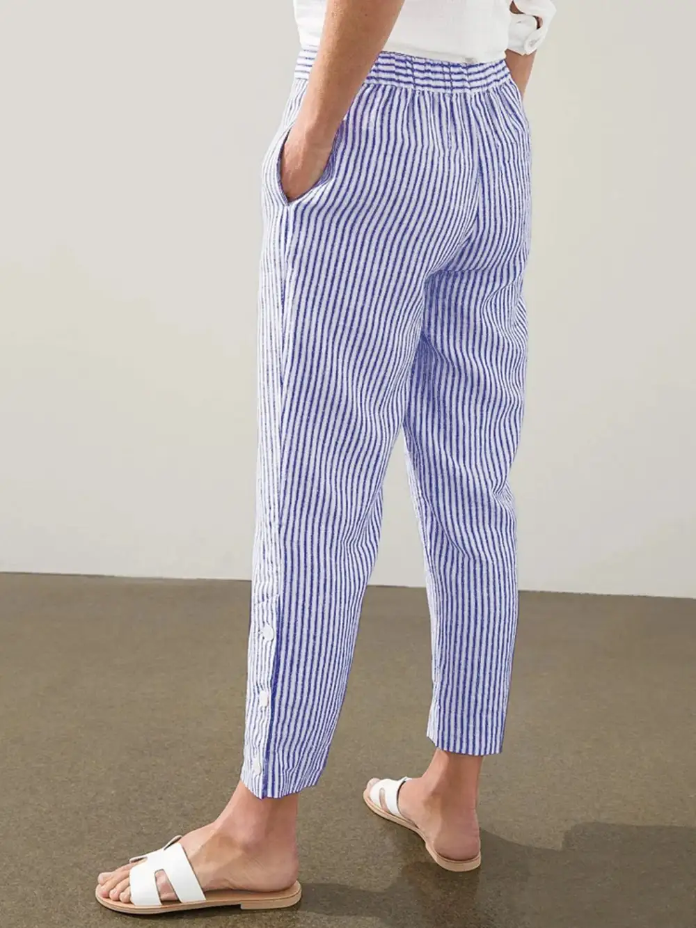 Striped Button Detail Pocketed Casual Pants