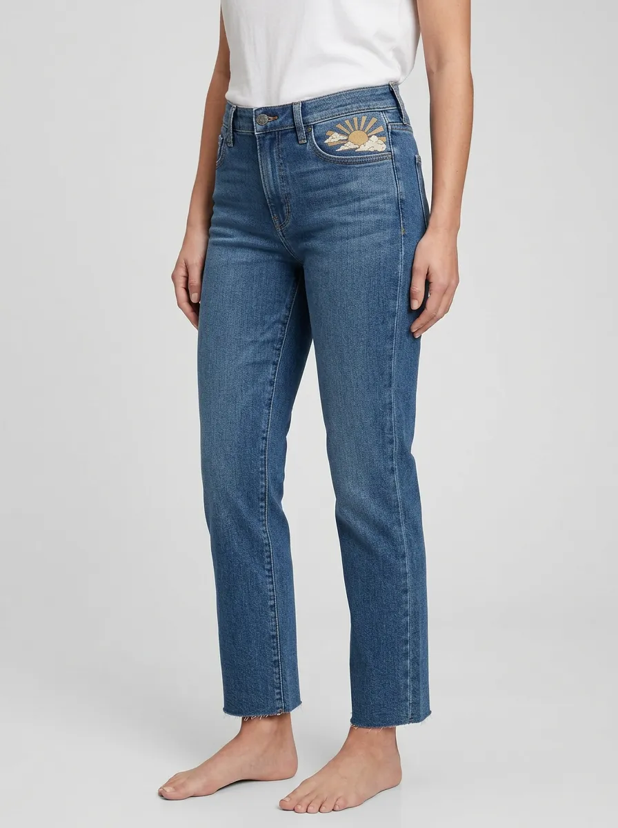 Women's Sun Cloud Embroidered Coin-Pocket Frayed-Hem High-Rise Straight-Leg Jeans