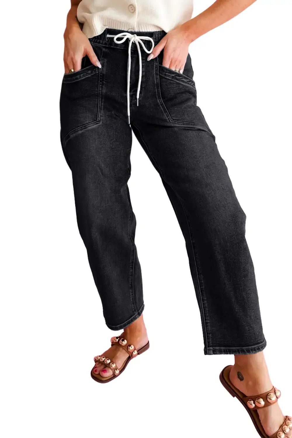 Women's Drawstring Waist Ankle Length Denim Pants With Pocket Detail