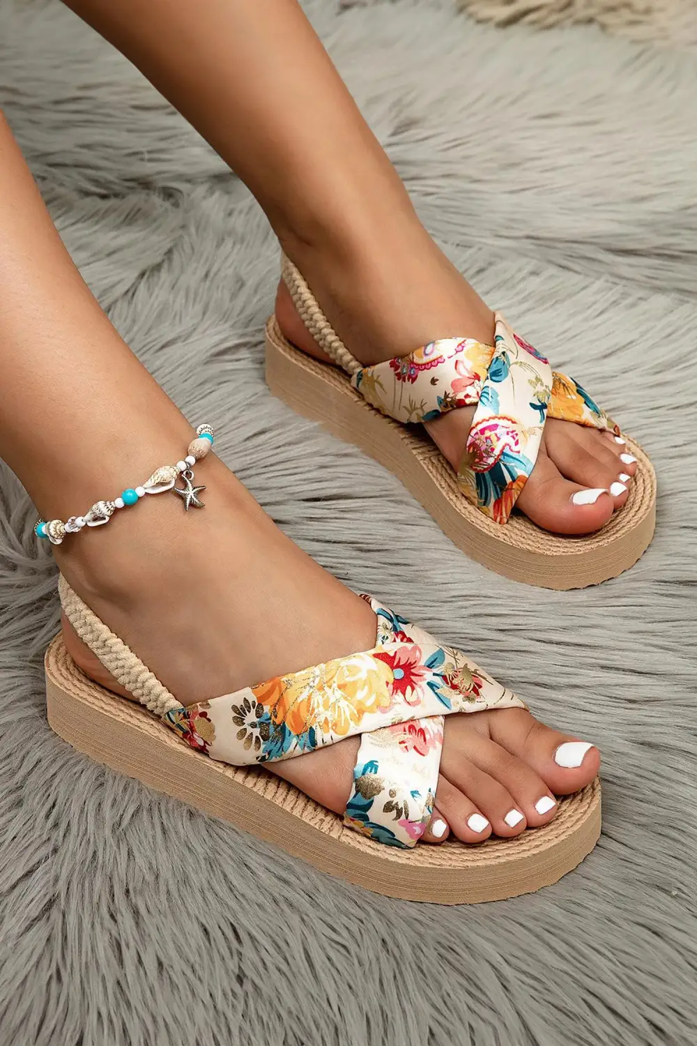 Floral Woven Crossband Platform Sandals