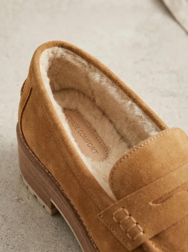Women's Classic Faux Fur Lined Platform Casual Suede Wood Sole Loafers