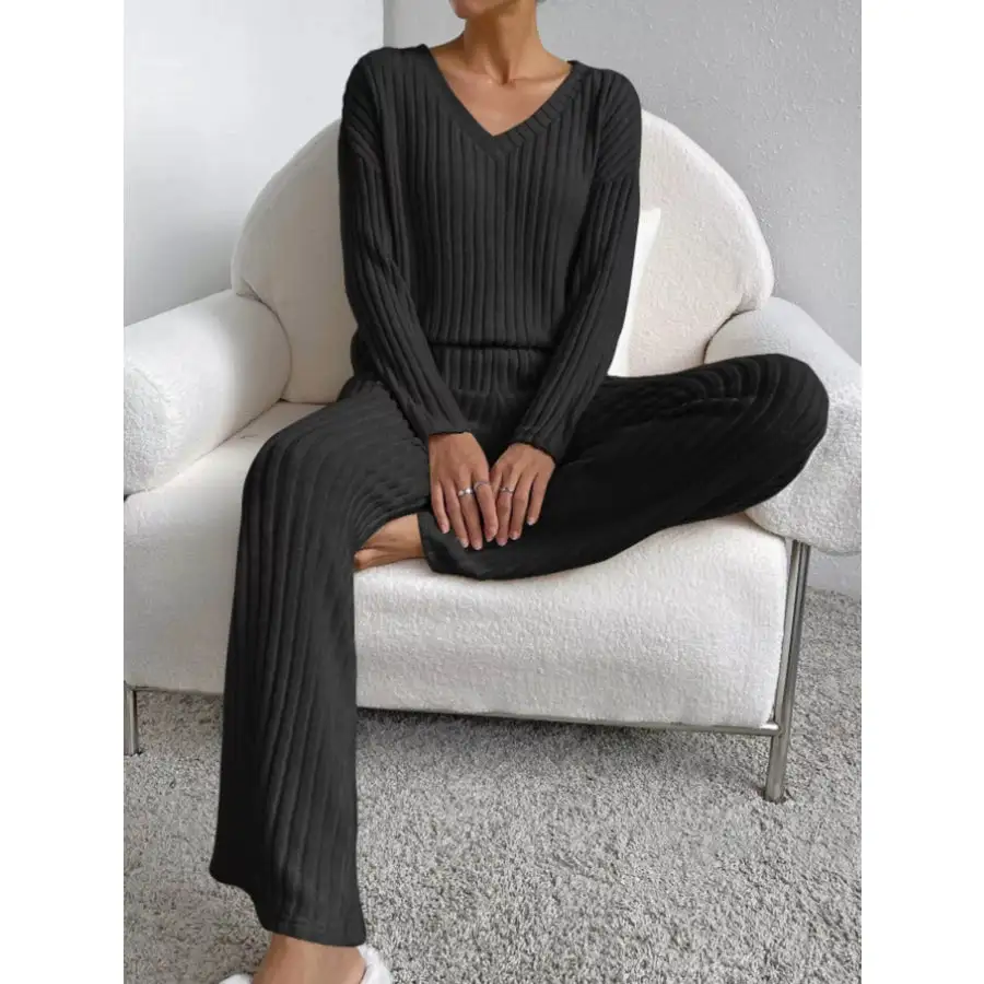 Classic Ribbed Knit Long Sleeve Top and Pants Set