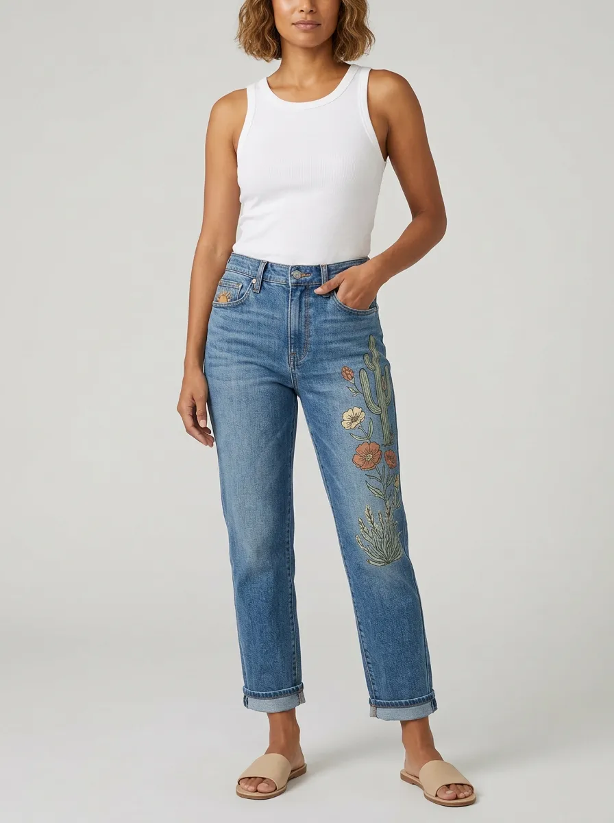 Women's Blue Embroidered Cactus Straight-Leg Straight Leg Jeans