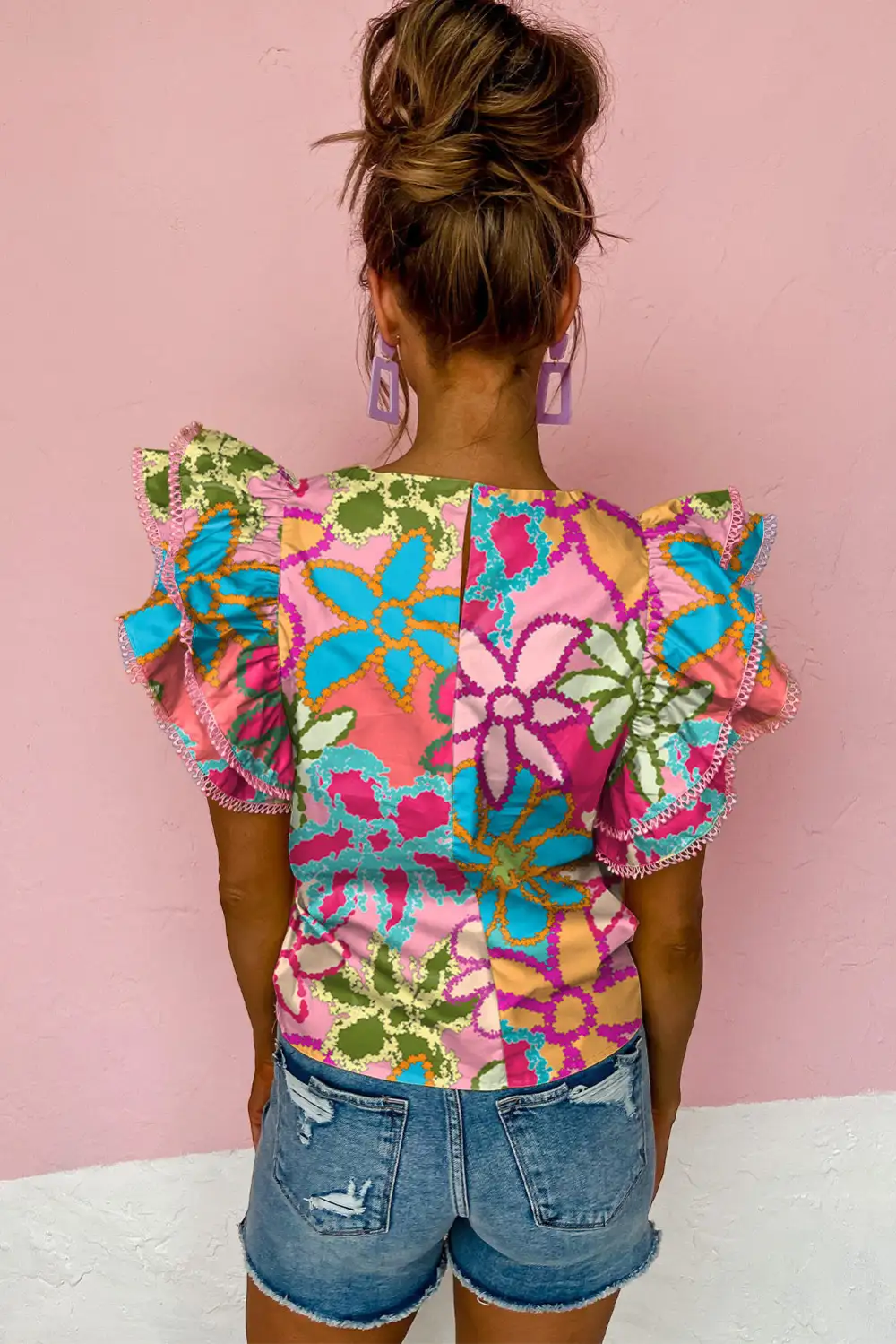 Women's Floral Print Ruffle Sleeve Ruffled Top