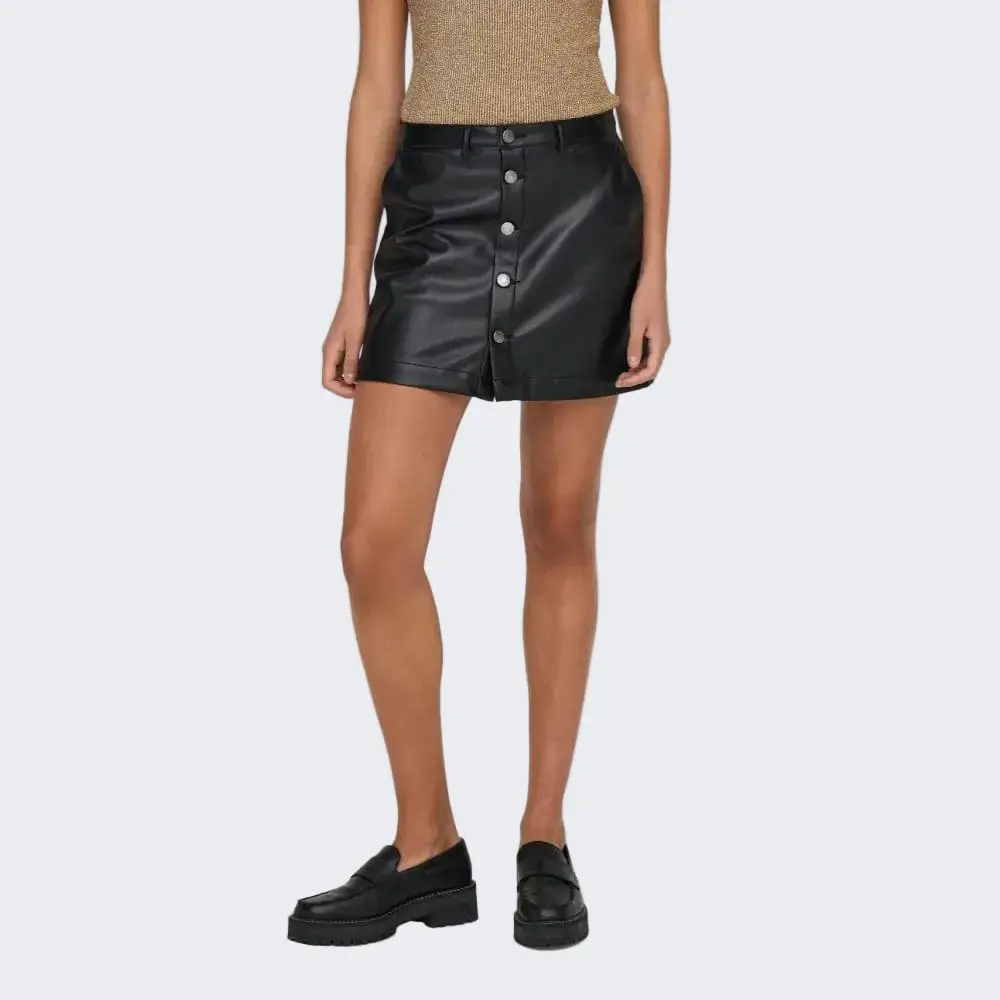 Button Fastening Leather Mini Skirt