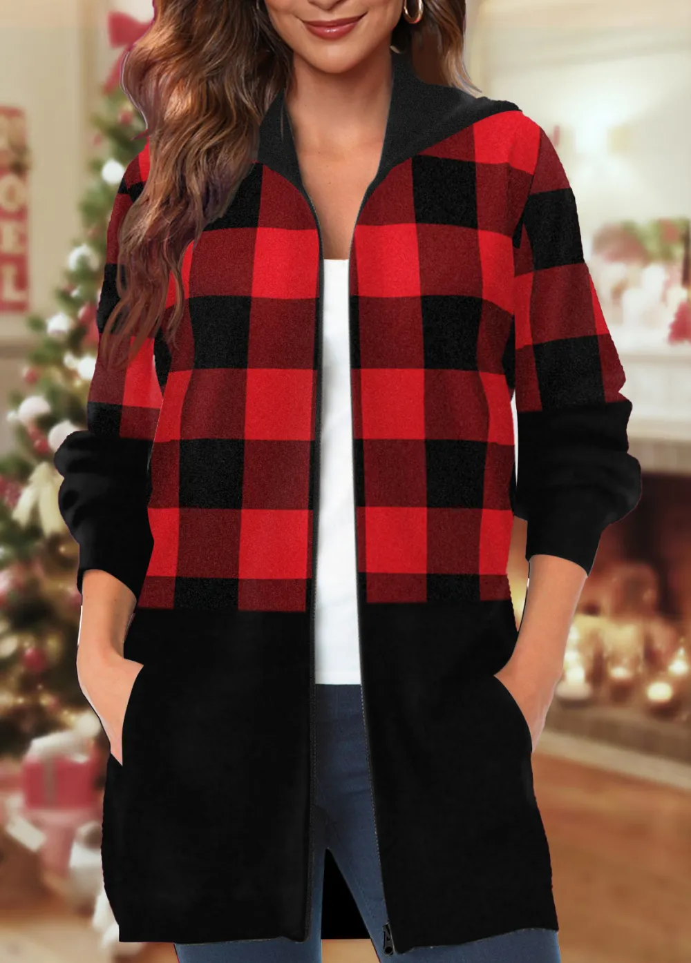 Black Pocket Tartan Print Long Sleeve Coat