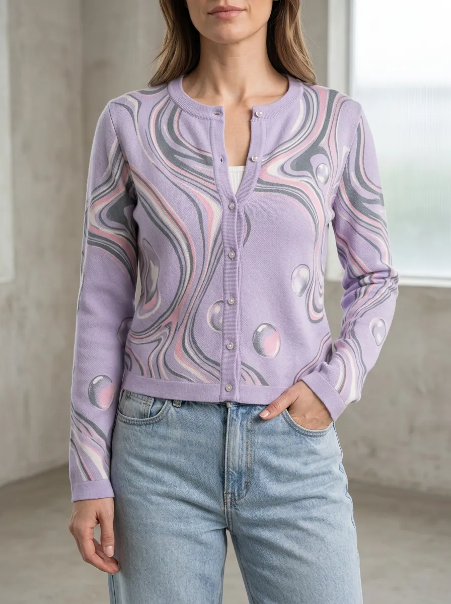 Women's Abstract Swirl Bubble Pattern Printed Ribbed Trim Casual Layering Cardigan