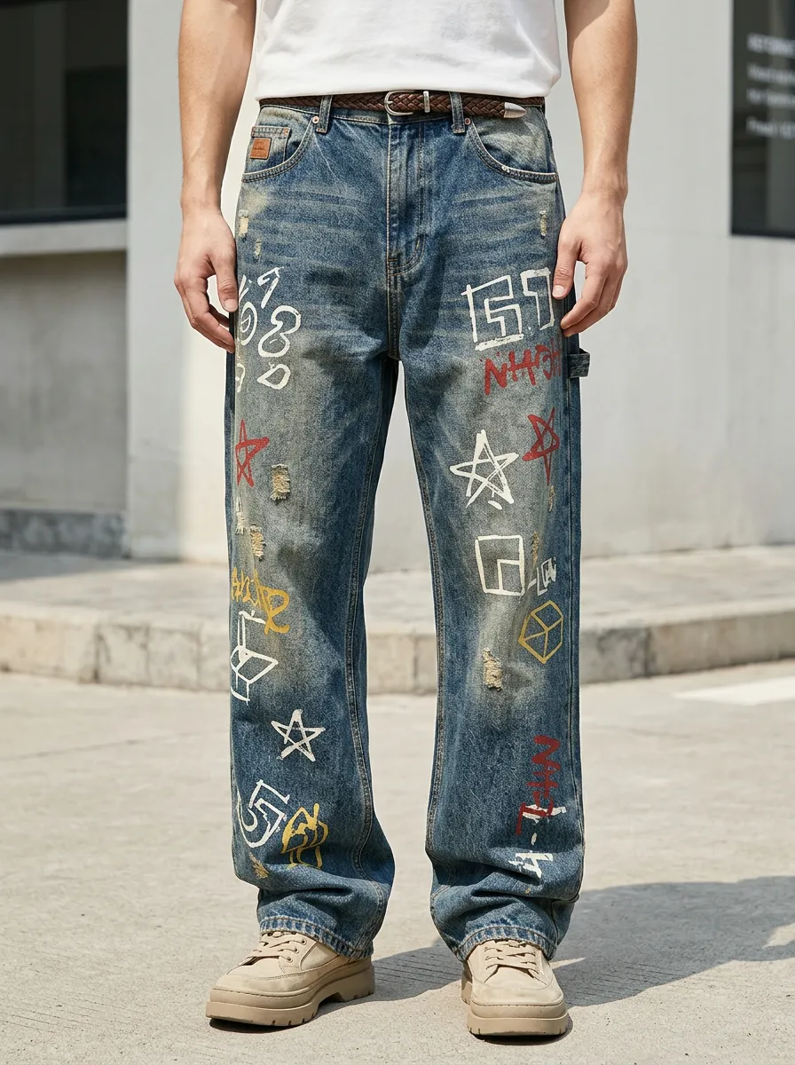 Unisex Streetwear Graffiti Star Distressed Jeans