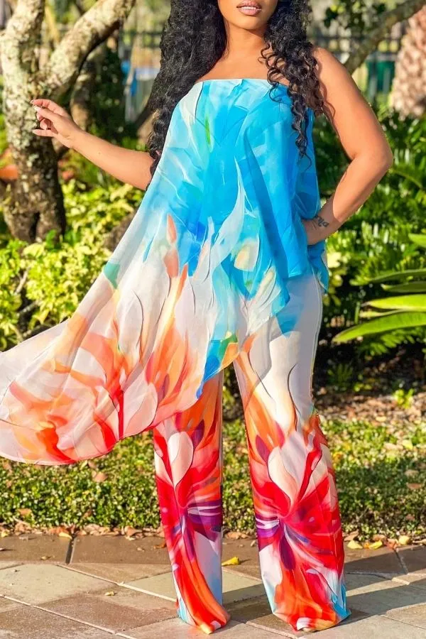 Floral Print Strapless Layered Asymmetrical Jumpsuit
