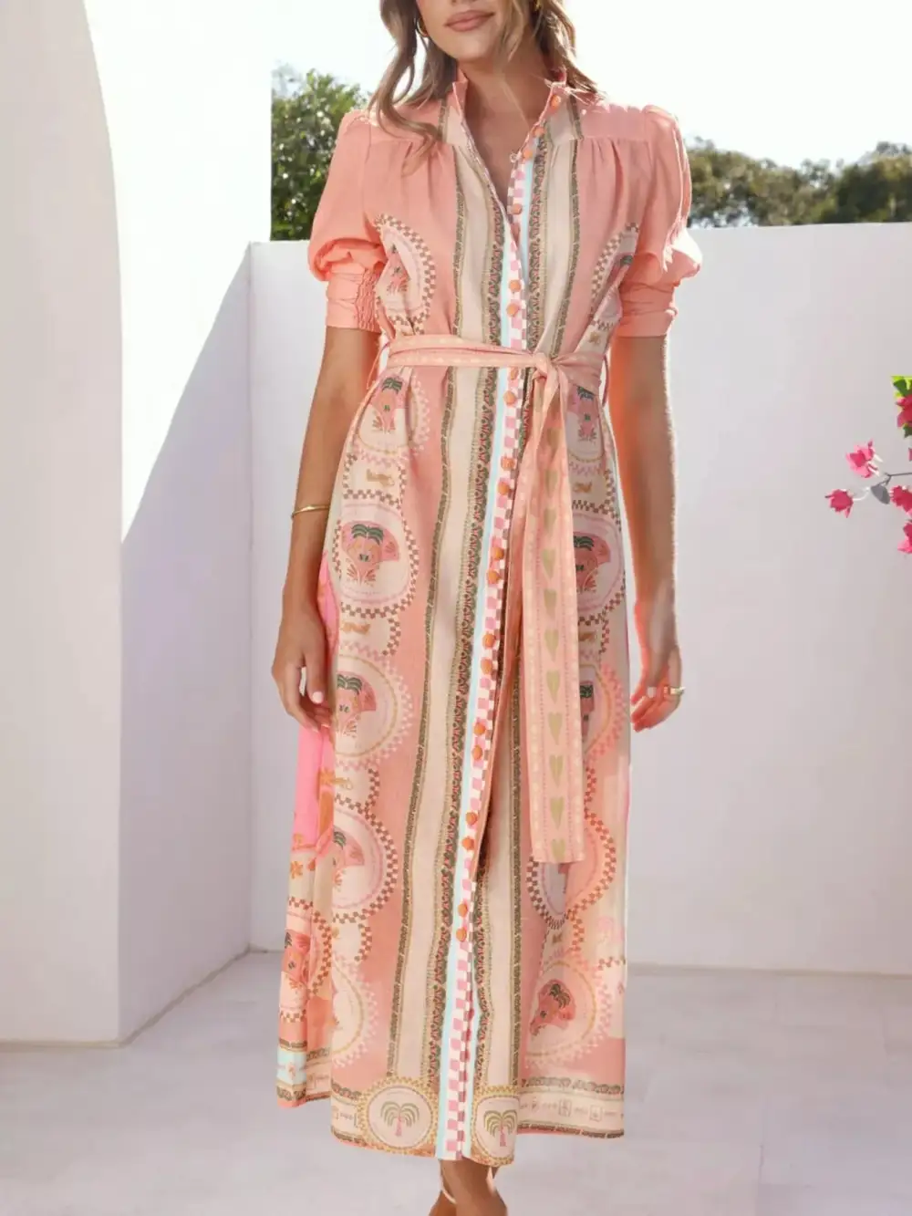 Puff Sleeve Tie Waist Midi Dress