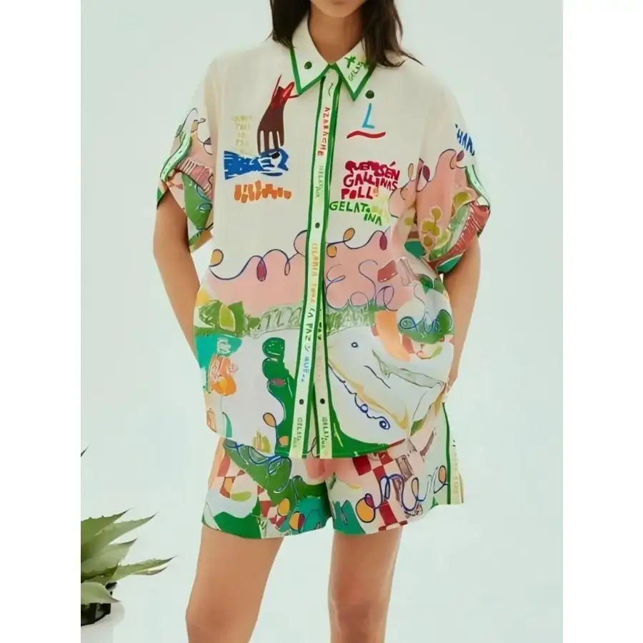 Flowing Printed Button Up Shirt and Shorts Set