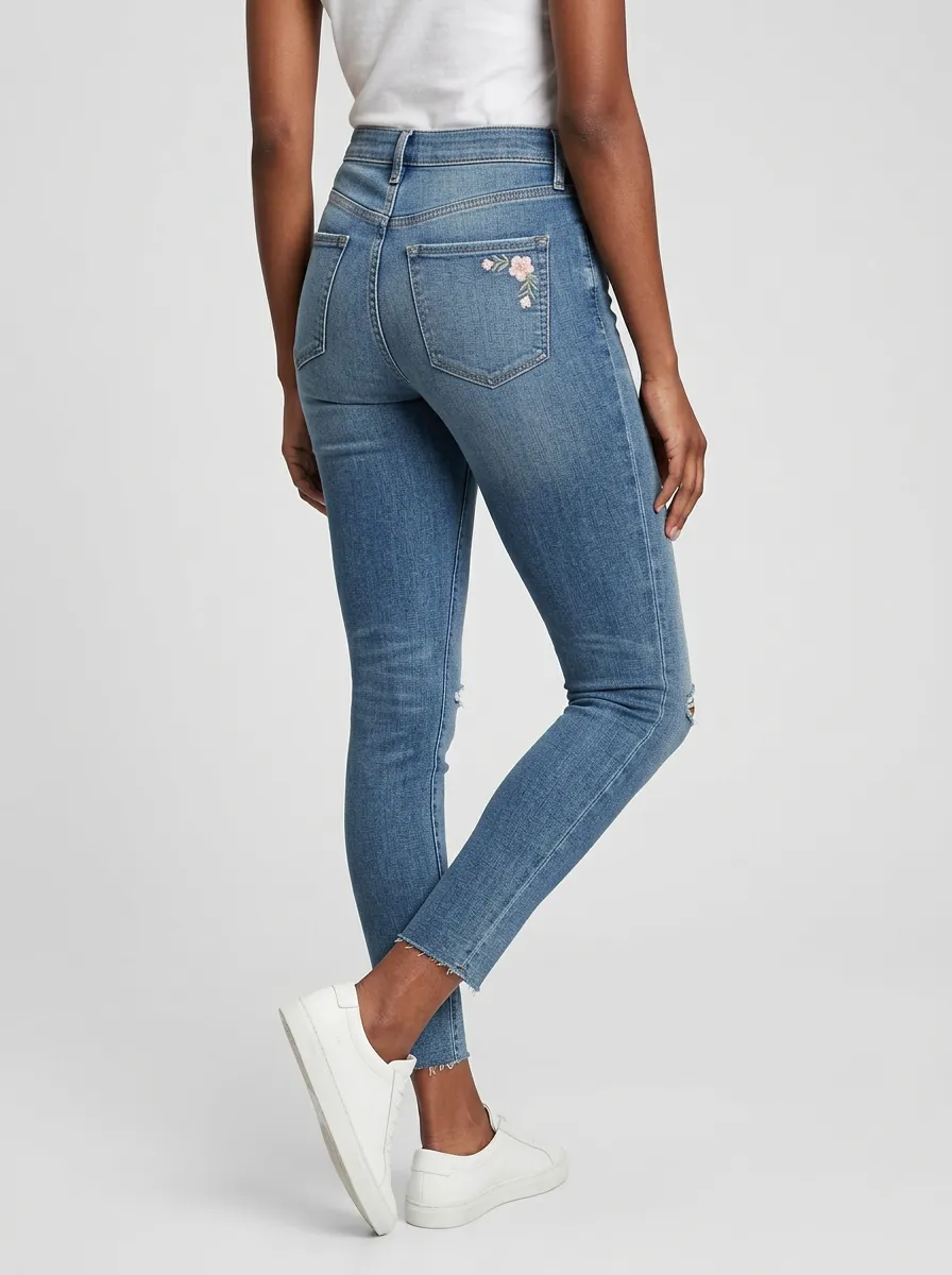 Women's Floral Embroidery Pocket Printed Slim Jeans