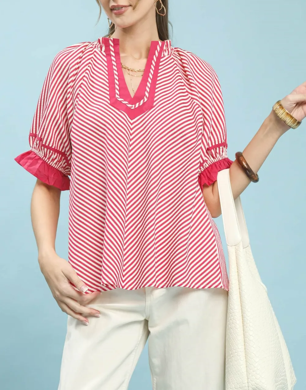 Modern Stripe Ruffle Sleeve Split-Neck Blouse