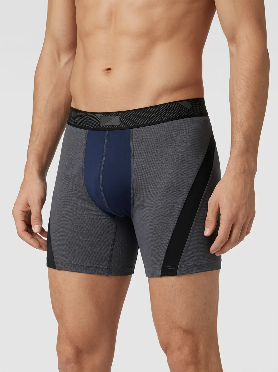 Men's Athletic Performance Grey Blue Colorblock Printed Boxer Briefs