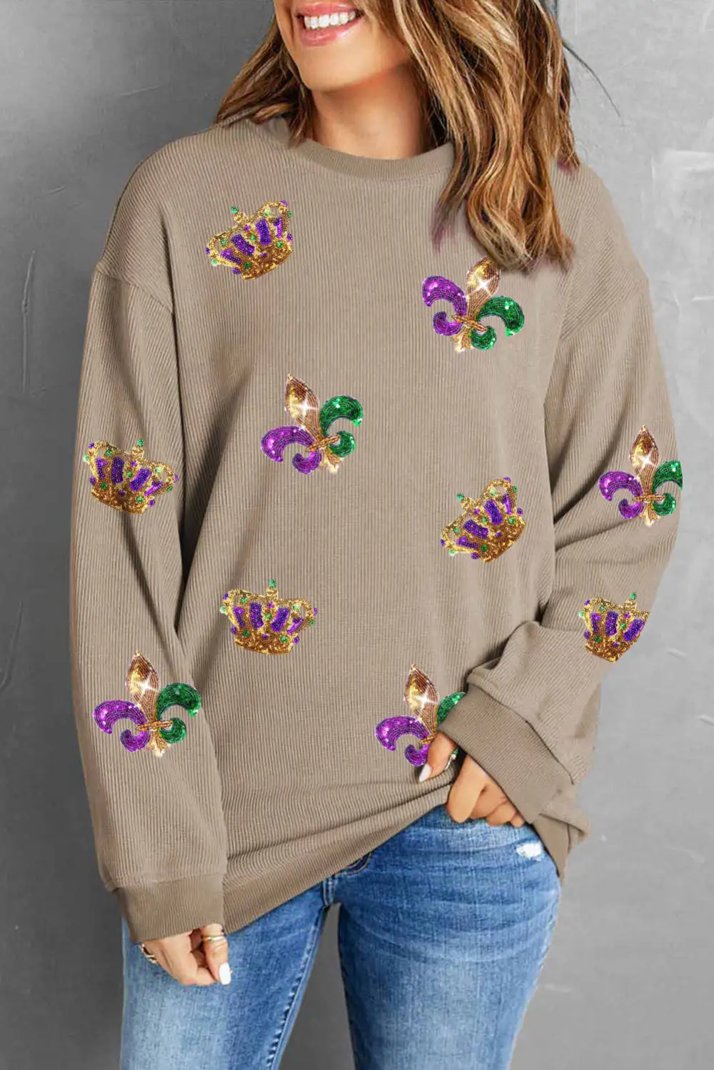Carnival Sequin Crown Fleur De Lis Corded Sweatshirt