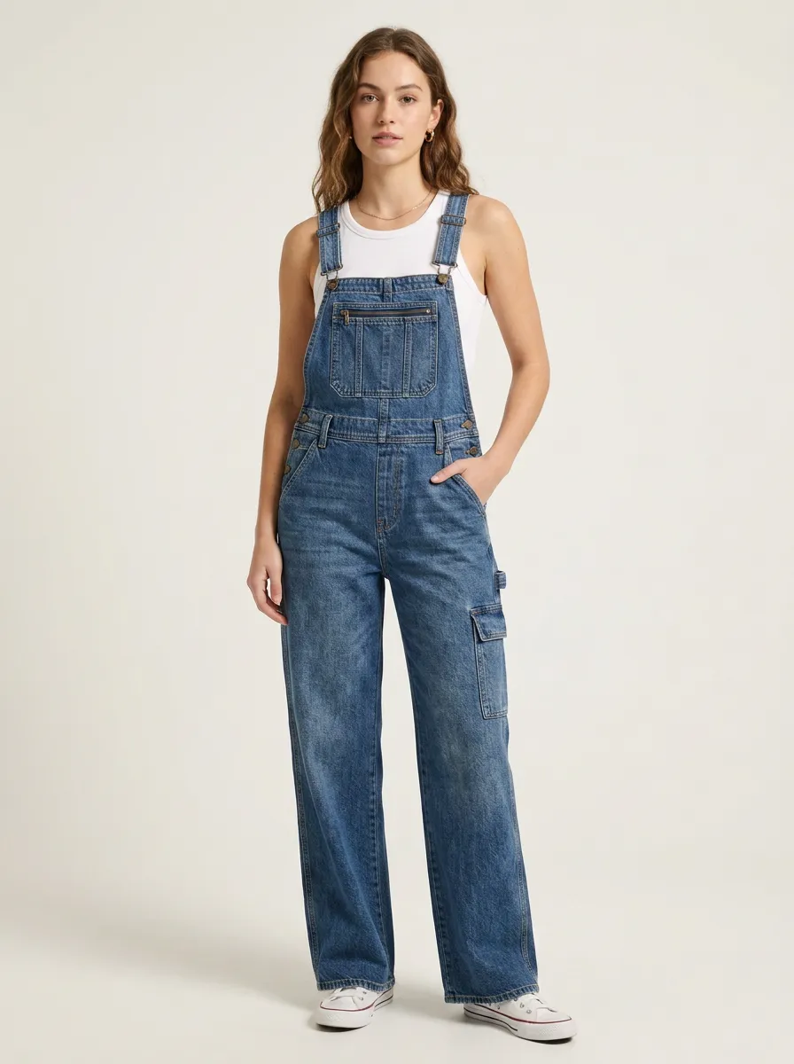 Women's Cargo Pocket Denim Bib Overalls