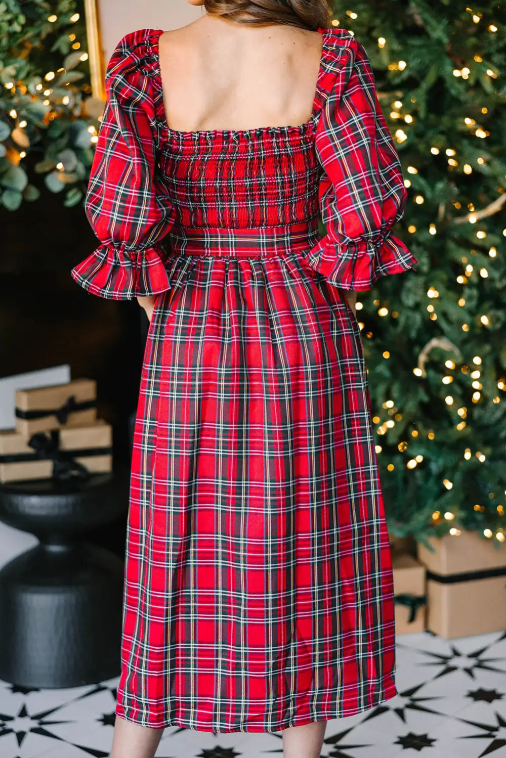 Maxi Tartan Plaid Square Neck Puff Sleeve Knot Waist