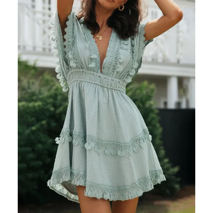 Lace Detail Plunge Short Sleeve Mini Dress
