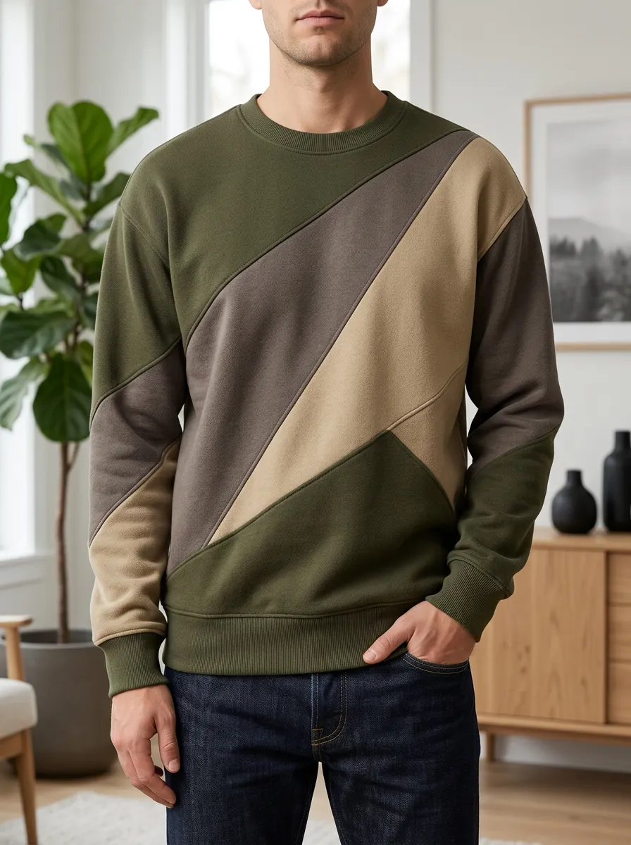 Men's Casual Style Colorblock Diagonal Pattern Fleece Sweatshirt